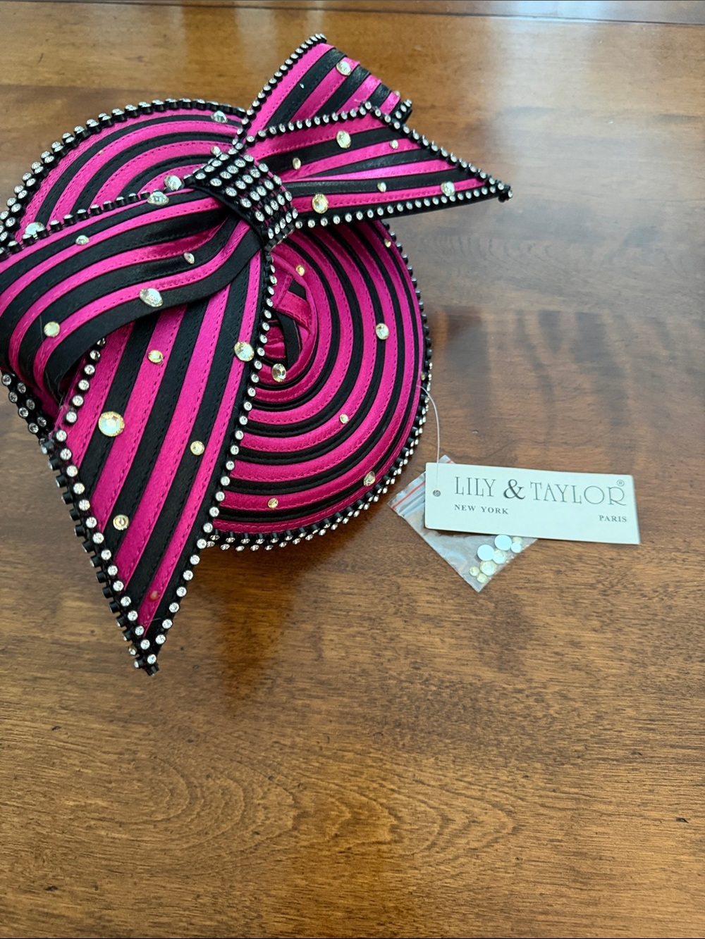Lily & Taylor, Paris New York fascinator Pink and Black Striped Bow Cocktail Hat